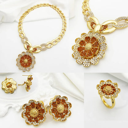 Vintage Jewelry Sets For Women Plant Flower Big Pendant Quality Necklace Earrings Ring Bracelet Set Jewelry Trending