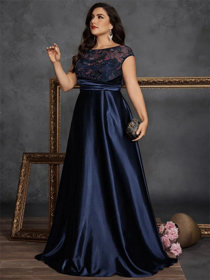 Plus Size O-neck Elegant Sequins Splicing Evening Dresses Luxury Sleeveless Satin Wedding Party Prom Cocktail Gowns