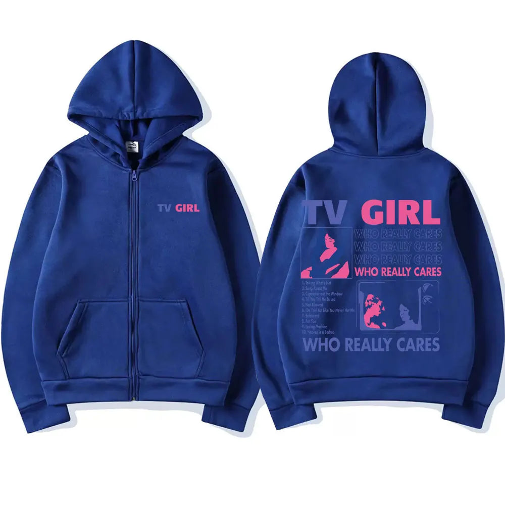 TV Girl Who Really Cares Graphic Print Zipper Hoodie Men Women Fashion Casual Oversized Zip Up Jacket Male Fleece Sweatshirts