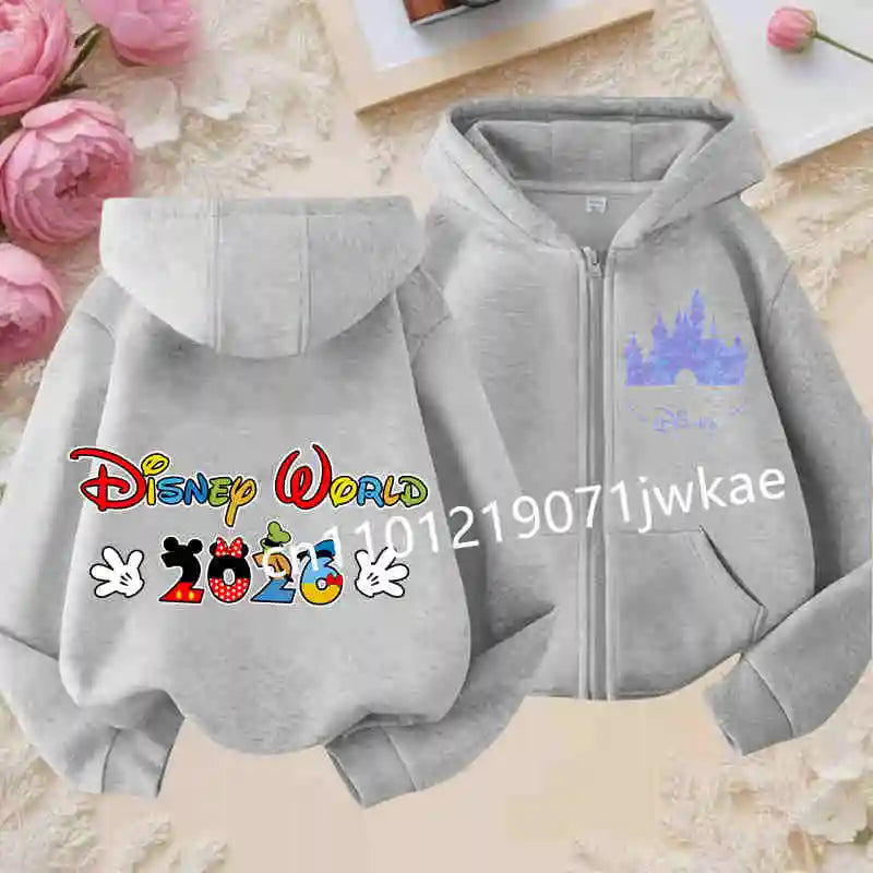 Boys and Girls Clothing Castle Pattern Kids Hoodie Jacket for Children 2026 Fashion Minnie Mickey Castle Zipper Hoodie Closure