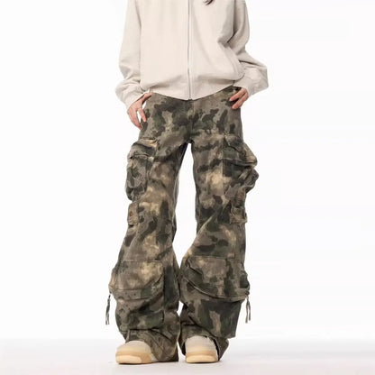 American retro camouflage work pants men's trendy brand high street straight tube loose casual multi pocket wide leg paratrooper