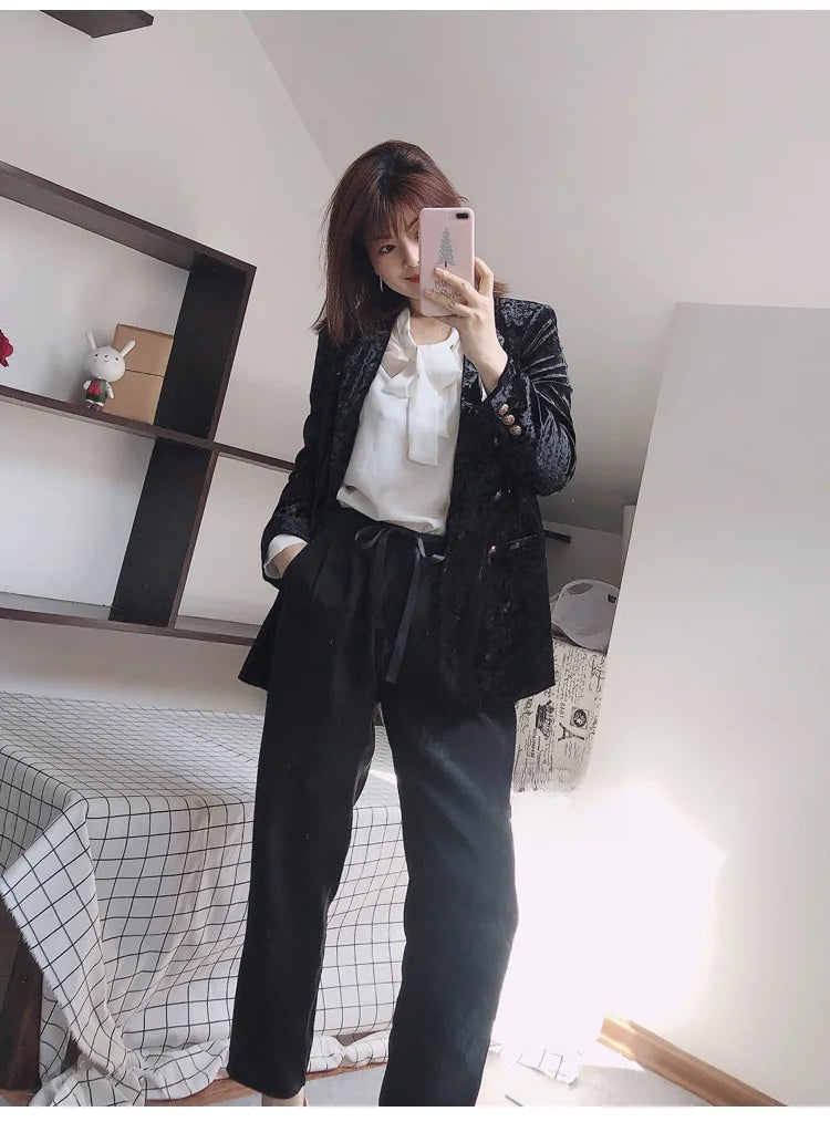 Women Long Pants 100% Mulberry Silk Belted Waist Trousers With Pockets Black Color Office Lady M0609