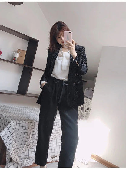 Women Long Pants 100% Mulberry Silk Belted Waist Trousers With Pockets Black Color Office Lady M0609