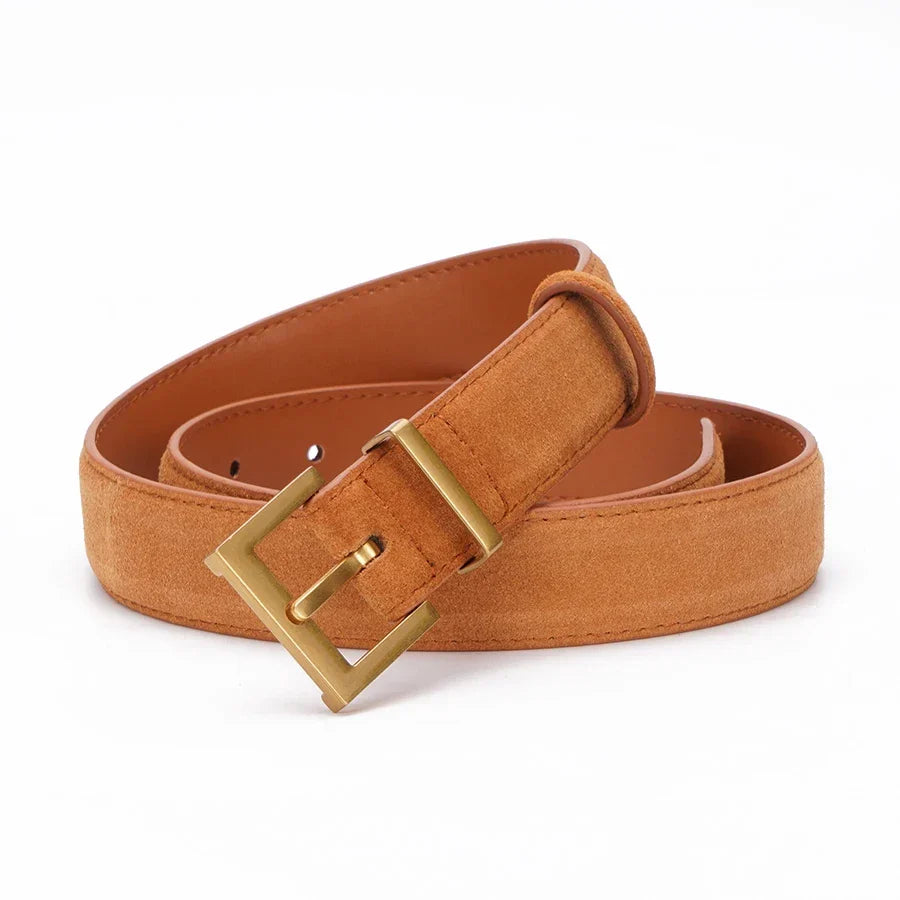 Trendy Cowhide Suede Belt for Women Casual Jeans Dress, Genuine Leather Belts with Square Alloy Buckle Waistband