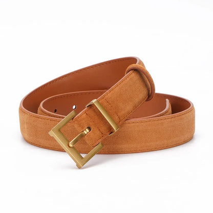 Trendy Cowhide Suede Belt for Women Casual Jeans Dress, Genuine Leather Belts with Square Alloy Buckle Waistband