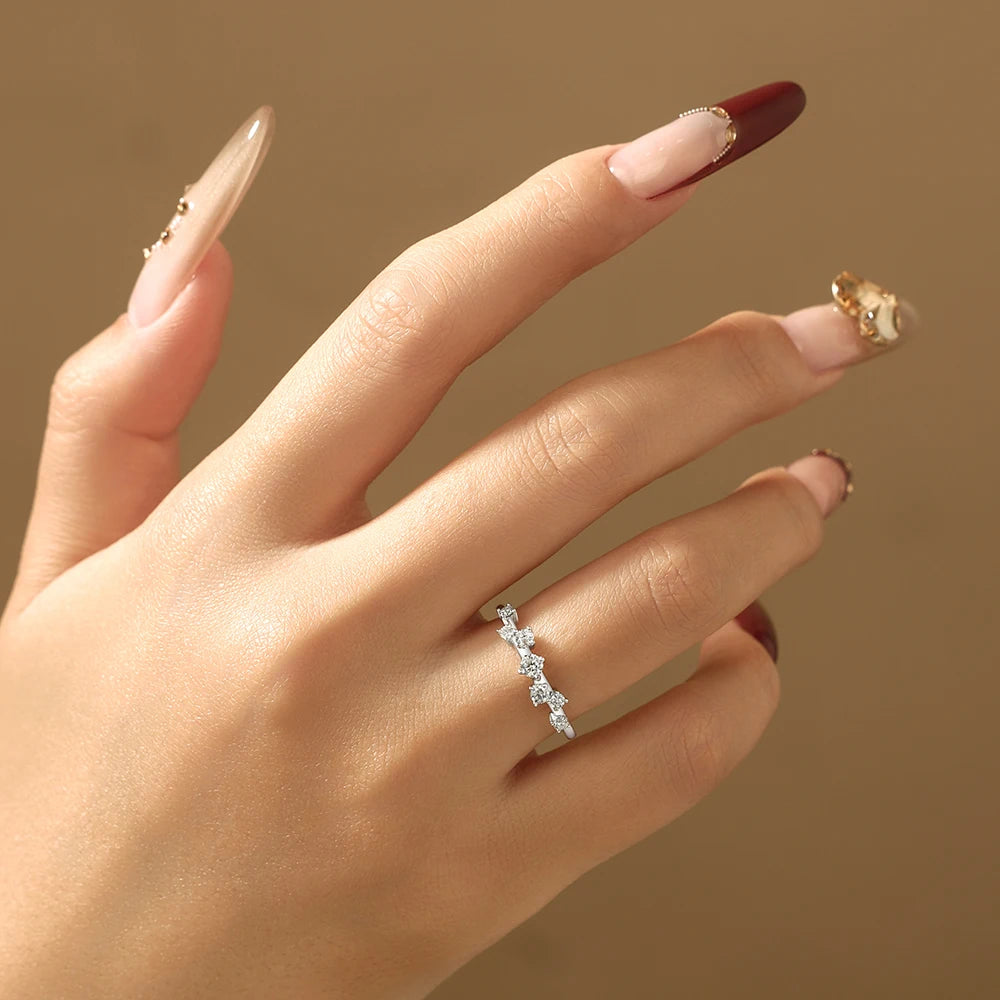 Simple Moissanite Women's Ring Asymmetric Cluster Half Eternity Stackable Band S925 Silver Daily Jewelry Birthday Gifts