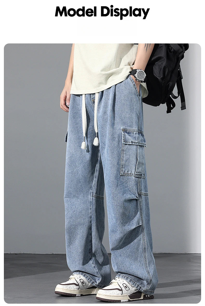Large Pocket Baggy Solid Jeans Men's 2026 New Spring Classic Straight Denim Trousers Street Y2K Elastic Waist Casual Cargo Pants