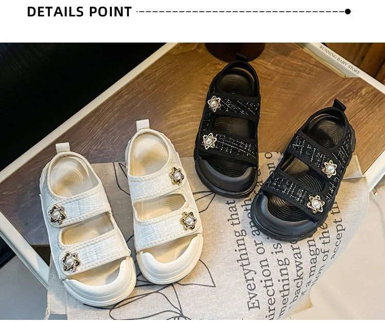 2025 Nice Straw Children Sandals New Arrivals Girls Appliques Metal Decos Sandals for Kids Girl Anti-kick Toe Beach Shoes I03242