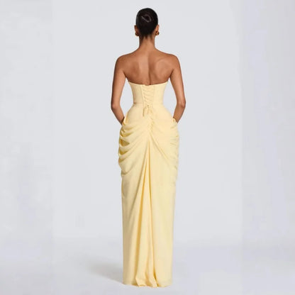 Women Sexy Solid Pleated Strapless Dress Lady Chic Off-shoulder Backless High Waist Split Dresses 2026 New Evening Party Gown