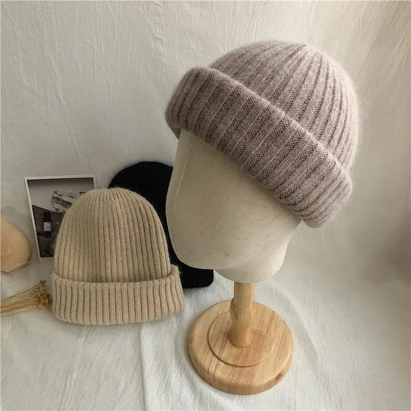 Winter Dome Brimless Casual Hat Warm Rabbit Fur Knit Hat women's double-layer Thick Wool Hat Casual Hat Toe Cap Cold Hat 4m868