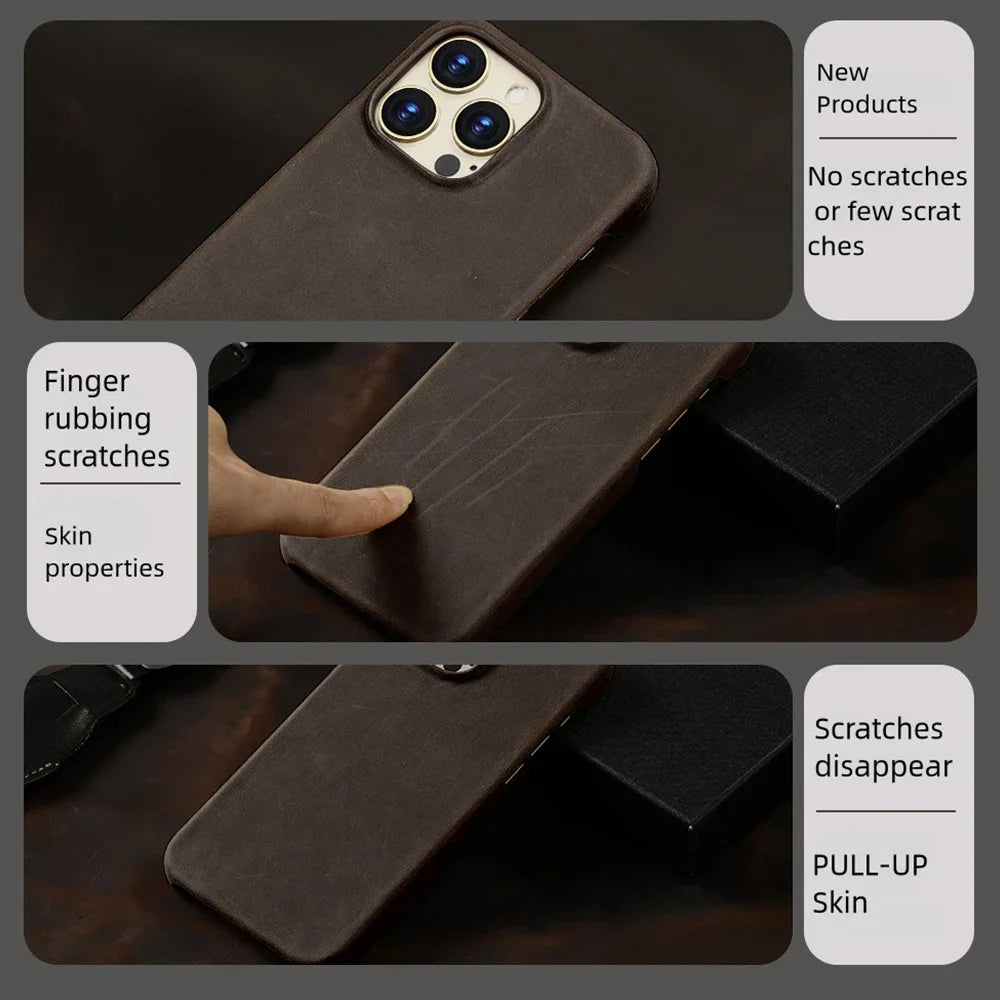 Magsafe Case for iPhone 15 16 17 Pro Max Air Retro Luxury Full Grain Cowhide Genuine Oiled PULL-UP Leather Magnetic Cover