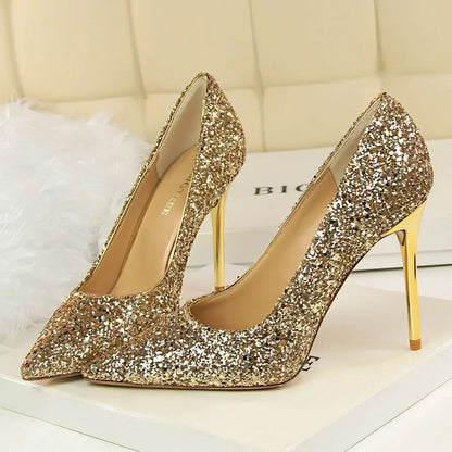 Women Luxury Bling Red  Blue Valentine Party Scarpins Pumps Lady Glitter Sequins 7cm 9.5cm High Heels Designer Shoes Plus Size