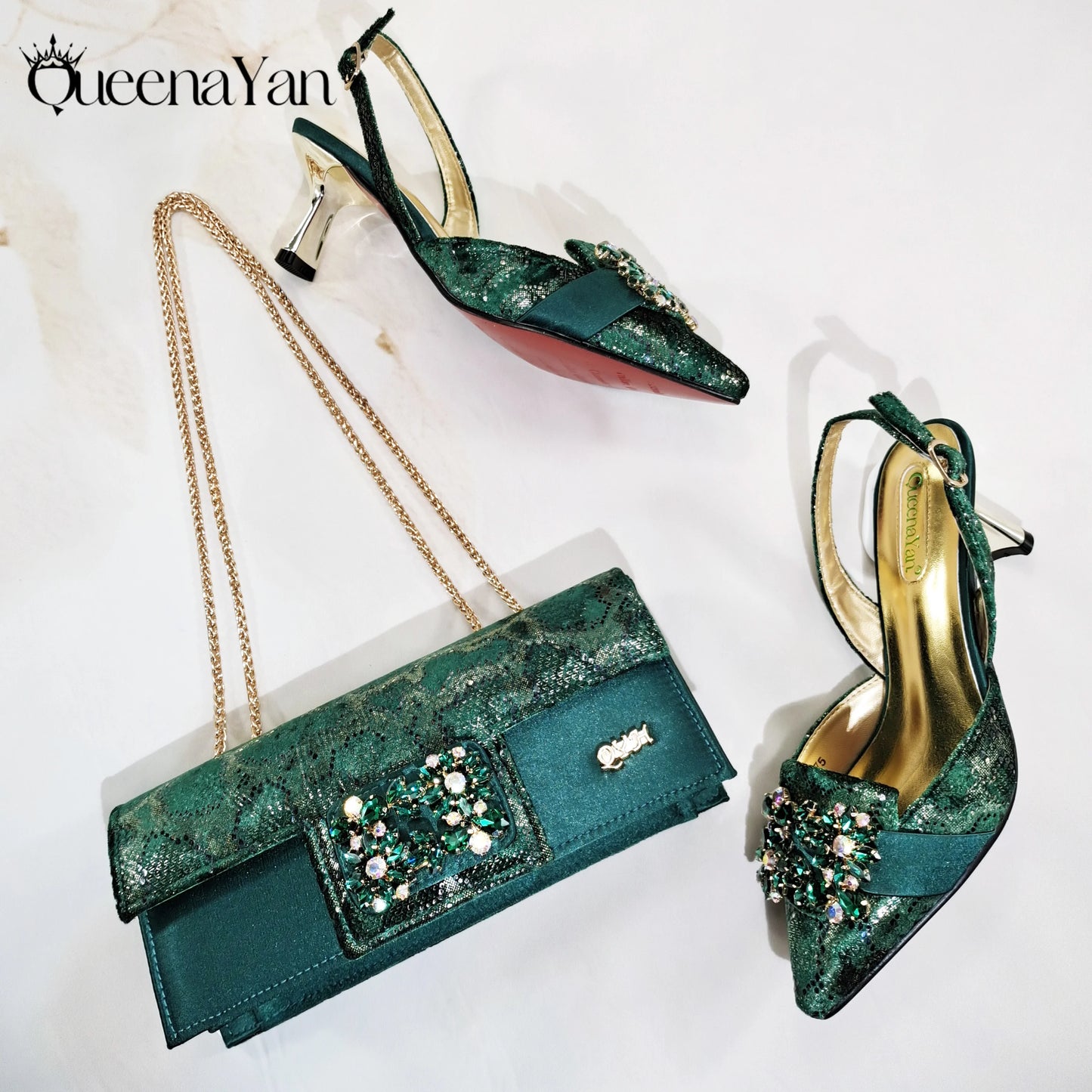Elegant Mature Purple Color Style Rhinestone and Print Design Pointed Toe High Heels and Bag Set for Party Wedding