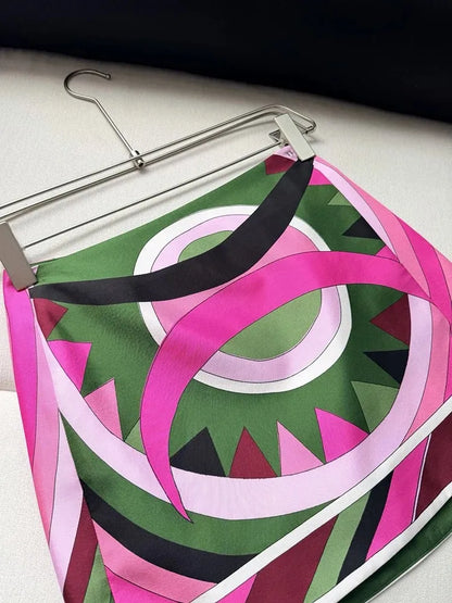 Summer Fashion Party Geometric Print High Quality Real Silk A-Line Mini Skirt Women's Buckle Strap Middle Waist Slim Short Skirt