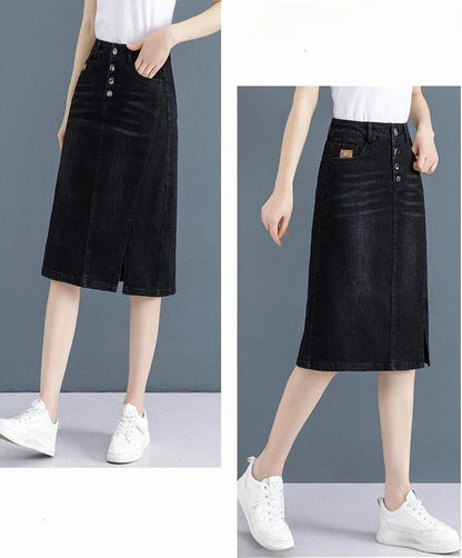 Chubby High Waist Female Jeans Skirts Blue Women's Denim Skirt with Pocket Midi To Knees Length 2025 Trend New in Y2k Vintage V