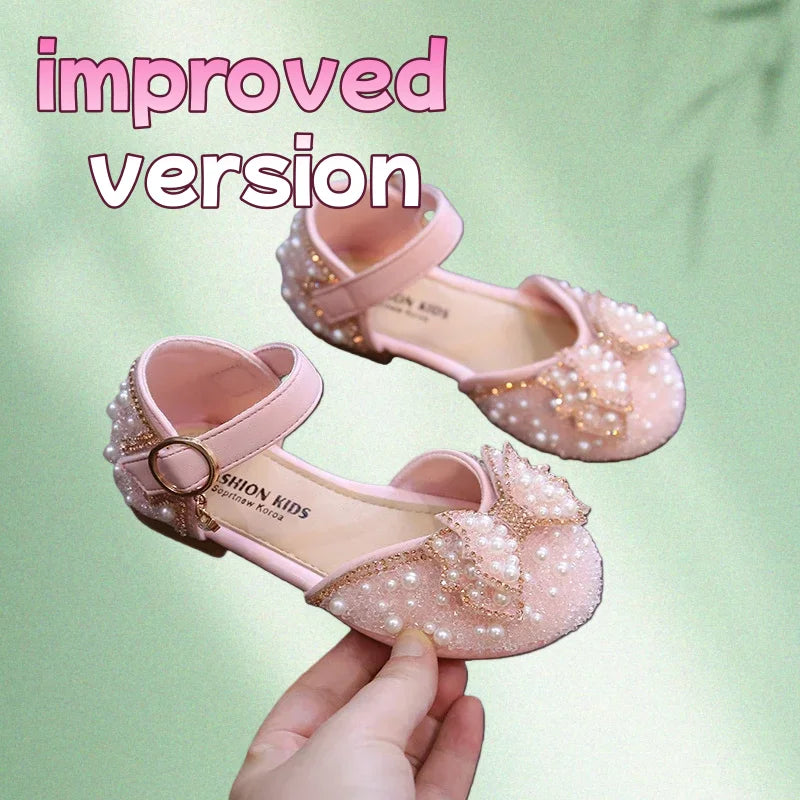New Girl Sandals Cute Bow Pearl Sequins Kid Princess Shoes Flat Heels children Dancing Size 21-36