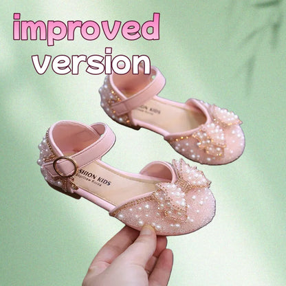 New Girl Sandals Cute Bow Pearl Sequins Kid Princess Shoes Flat Heels children Dancing Size 21-36
