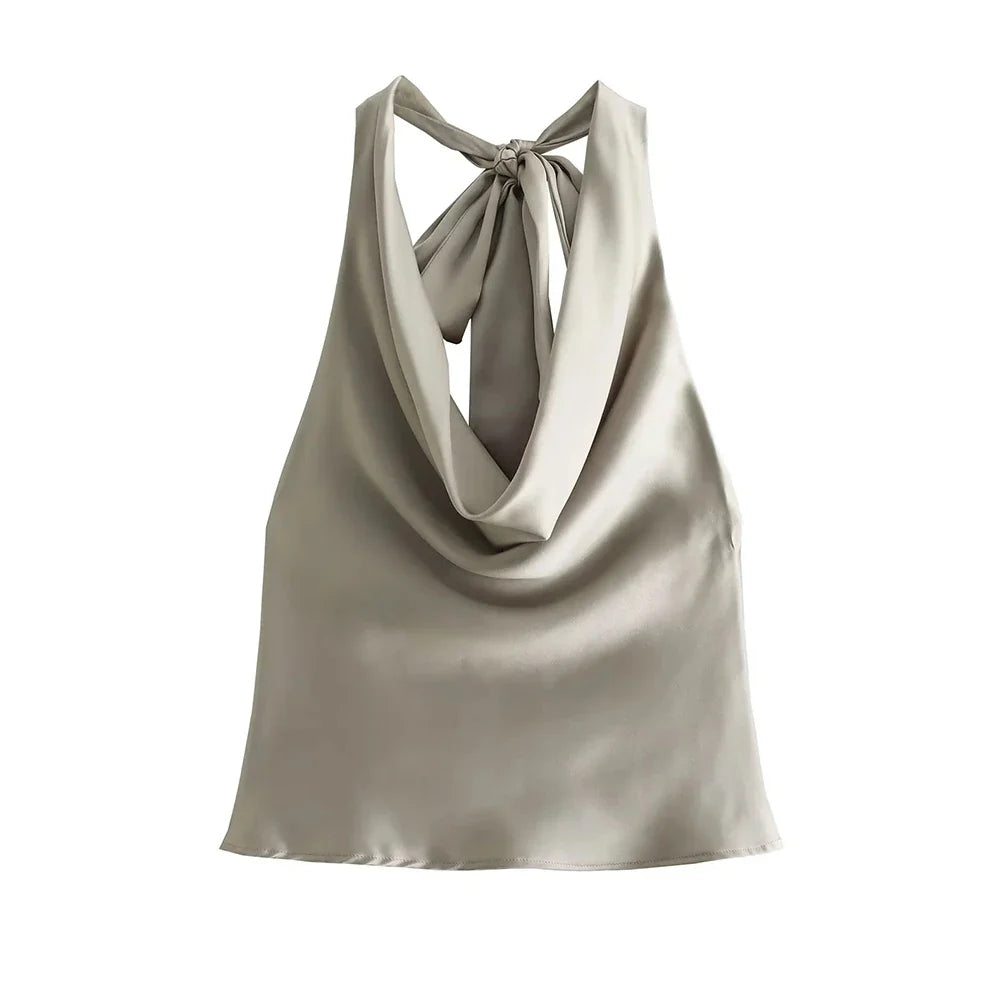 Women's Flowing Draped Halter Neck Tank Tops With Bow Tied, Backless, Sleeveless, Female Camis, Sexy, Fashion