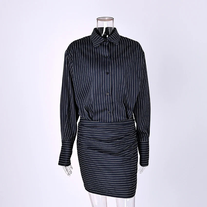 Elegant High Waist Stripe Shirt Dress Women 2025 Street Chic Long Sleeve Slim Dresses Female Office Single Breasted  Dress