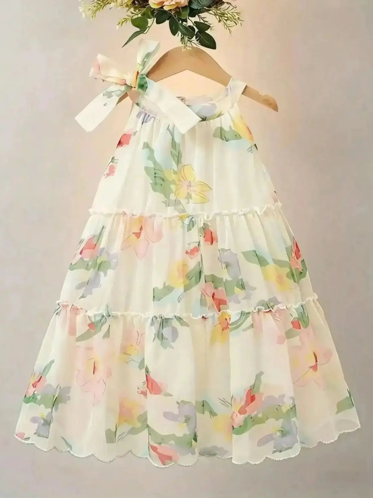 Girls' Floral Chiffon Princess Dress Summer Chic Boho Style Knee-Length with Bow Detail Perfect for Beach And Parties