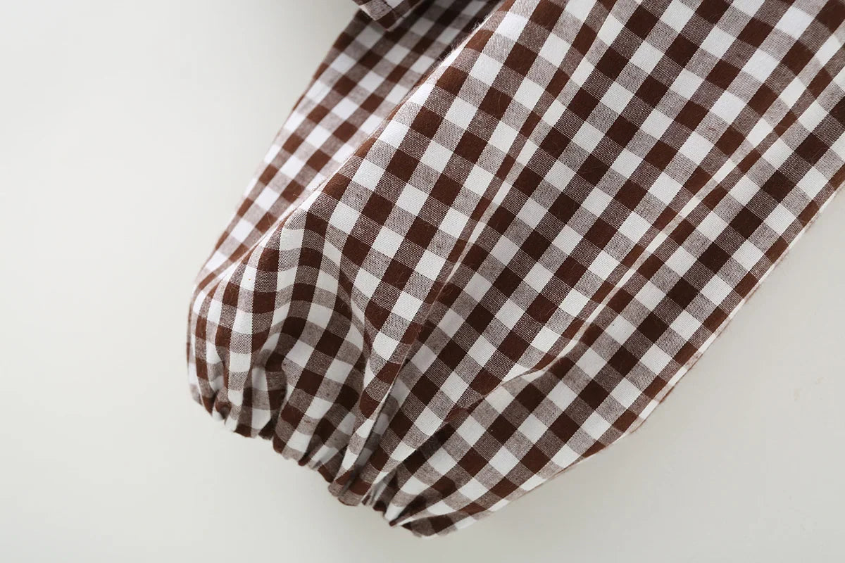 Women's Cotton Gingham Cropped Ruffle Tie Neck Blouse Spring Autumn 2026 Chic Modern Long Sleeve Shirt Tops for Woman