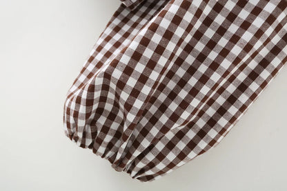 Women's Cotton Gingham Cropped Ruffle Tie Neck Blouse Spring Autumn 2026 Chic Modern Long Sleeve Shirt Tops for Woman
