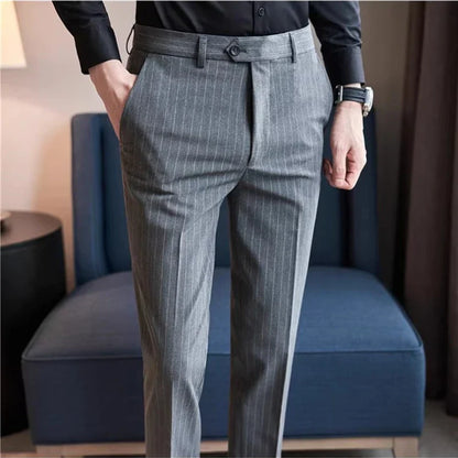 Men's Slim Fit Pinstripe Dress Pants, Stretch Comfort and Thickened Fabric for Business Casual Office Wear