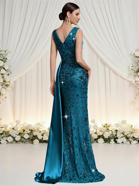 Elegant V-neck Splice Ribbons Sequins Evening Dresses Woman Sleeveless Mermaid Formal Luxury Wedding Party Prom