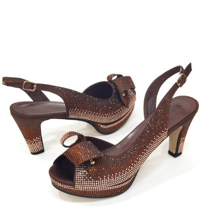 Newest INS Style Peach Color Rhinestone Elegant High Heels Nigeria Popular Design African Ladies Shoes And Bag Set
