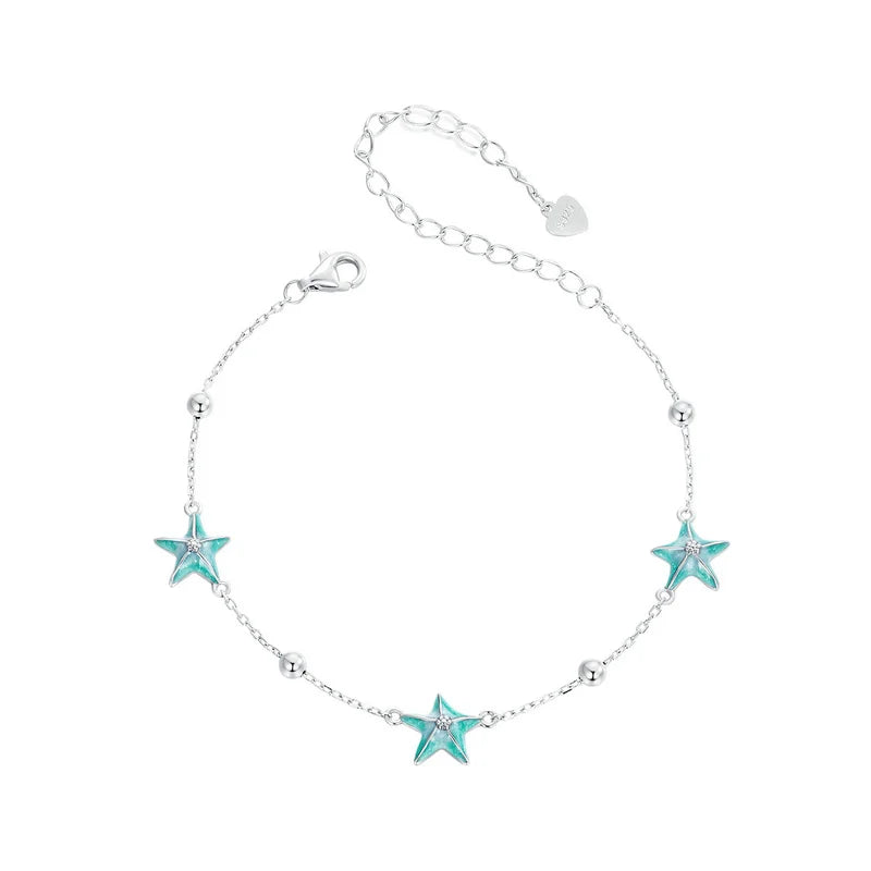 925 Sterling Silver Gradient Blue-green Starfish Link Chain Bracelets for Women Ocean Series Jewelry Gift SCB276