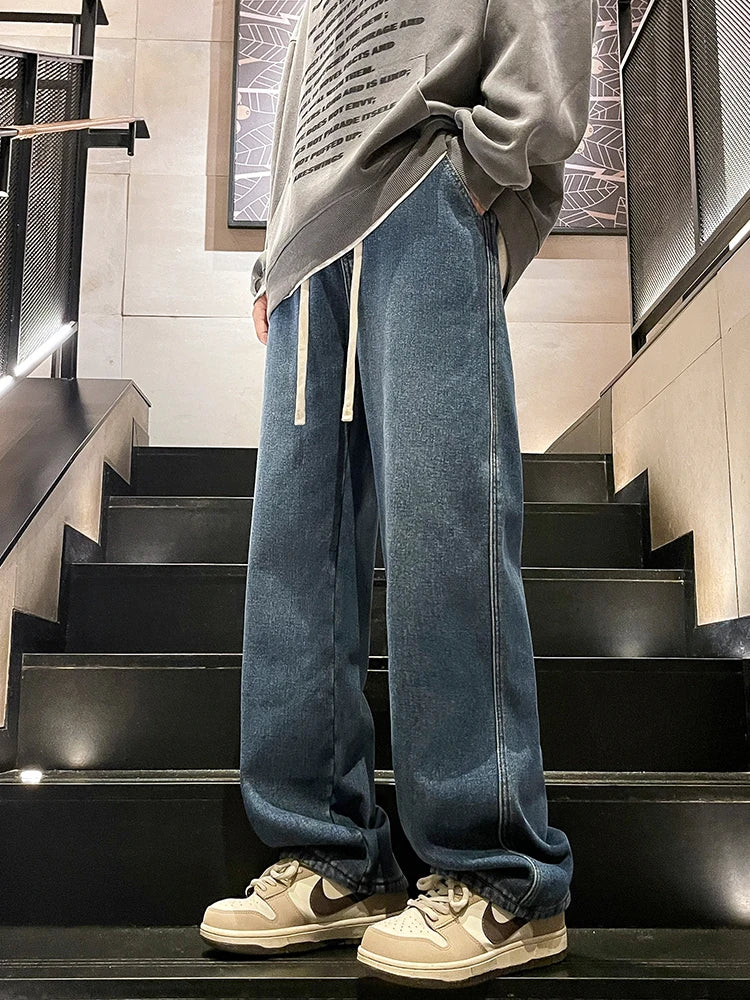 Calça Jeans Masculina de Inverno Coreana Forrada com Lã Grossa Quente Reta Denim Lavado Algodão Azul Retrô Larga Pantalona