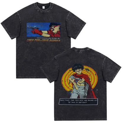 Japanese Anime Akira Washed Vintage T Shirt Science Fiction Cartoon Movie Shotaro Kaneda T-shirt Men Women Cotton Casual T-shirt
