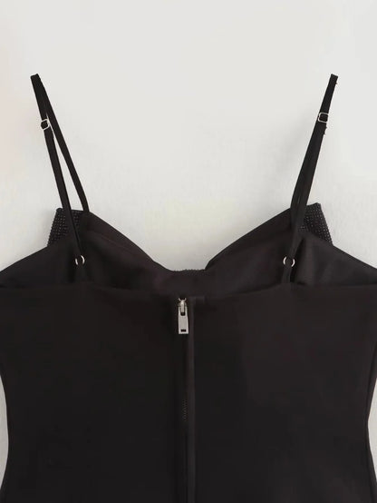 Sequined Bow Women Sling Top Sexy Backless Crop Top Pleated Zippers Female Tank Tops 2025 Spring Lady Streetwear Tops