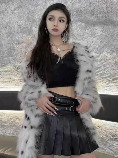 Punk Women Genuine Leather Skirt High Waist Sexy Mini A Line Skirts New Solid Color Ladies Casual Sweet Sheepskin Pleated Skirt