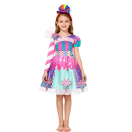 2026 Kids Purim Disguise Rainbow Candy Dress With Headband Lollipop Cosplay Costume Children Dress Birthday Carnival Party Gift