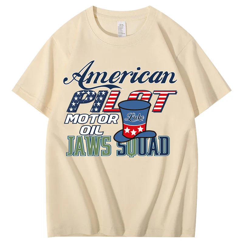 Unisex  American Pilot Motor Oil Graphic T-Shirt USA Flag Print Casual Streetwear Short Sleeve Tee Tee for Men Women
