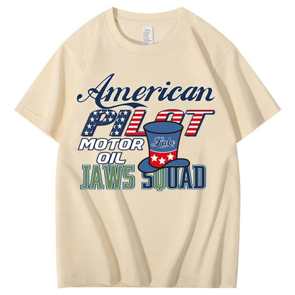Unisex  American Pilot Motor Oil Graphic T-Shirt USA Flag Print Casual Streetwear Short Sleeve Tee Tee for Men Women