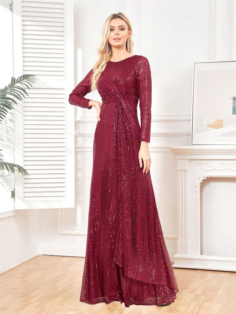 Elegant Long Sleeve O-Neck Red Sequins Evening Dress Luxury 2024 Women Wedding Party Prom Cocktail Dress Graduation Gowns