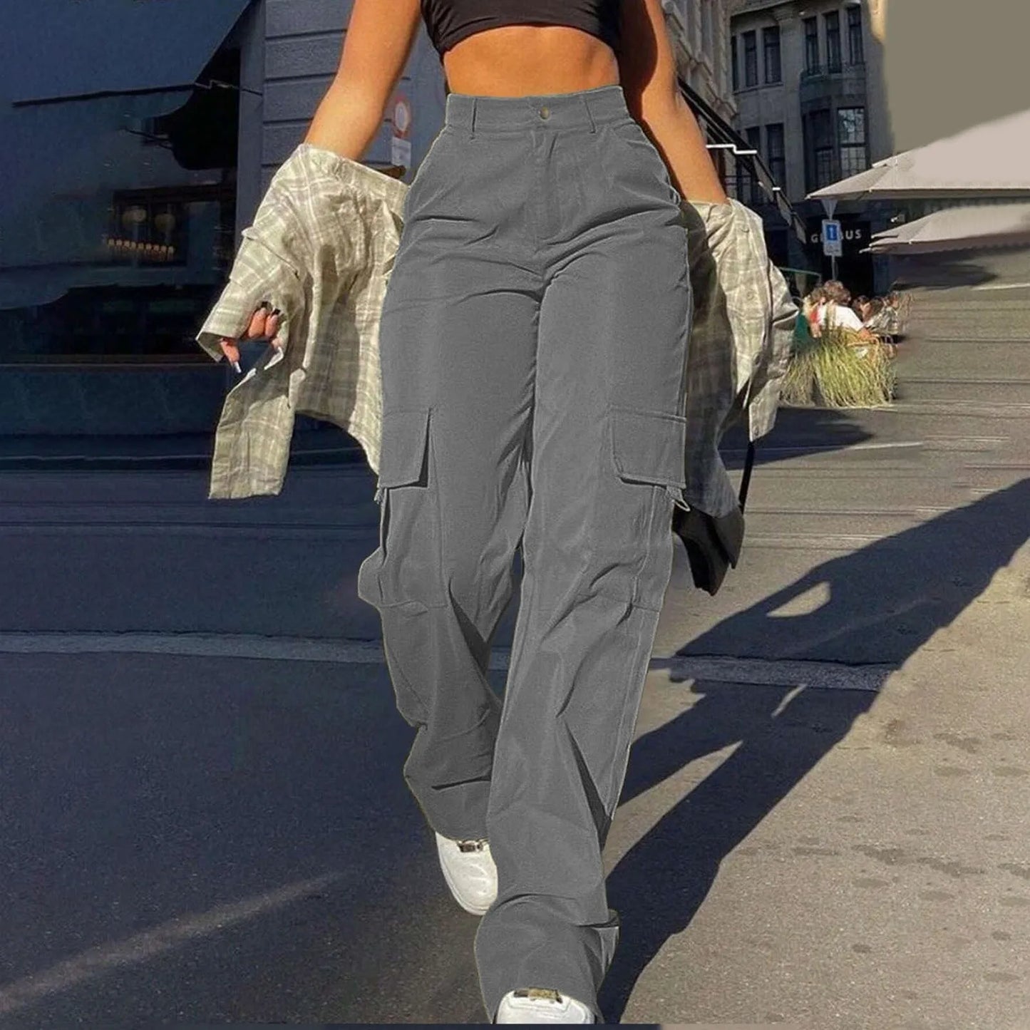 Harajuku Cotton Trousers Stretch Twill High Waisted Wide Leg Pants