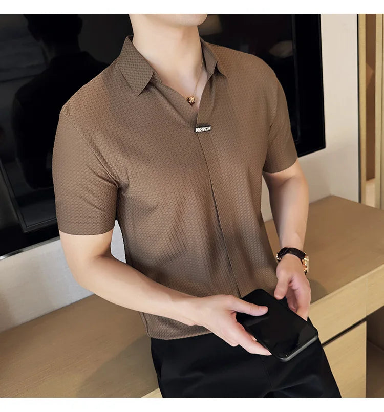High-Grade Ice Silk Seamless Adhesive Polo Shirt, High-Elastic V-neck Thin Waffle Short-Sleeved Golf Shirt, T-shirt