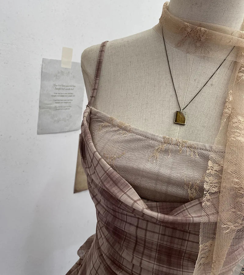 Y2K Plaid Camisole for Women Summer Casual Lace Scarf Breathable Stretch Mesh Patchwork Asymmetrical Ruffle Slim Tops