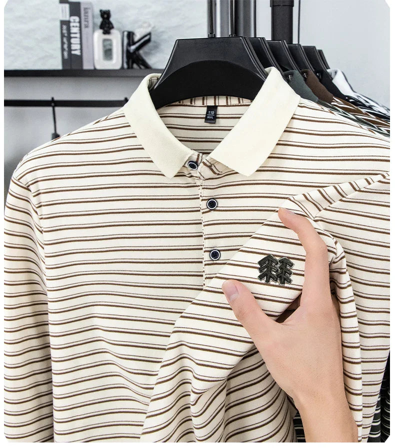 Men's Striped Long Sleeved T-shirt Polo Shirt Button Up Men's Stand Up Collar, Winter Double-sided German Velvet Base Shirt