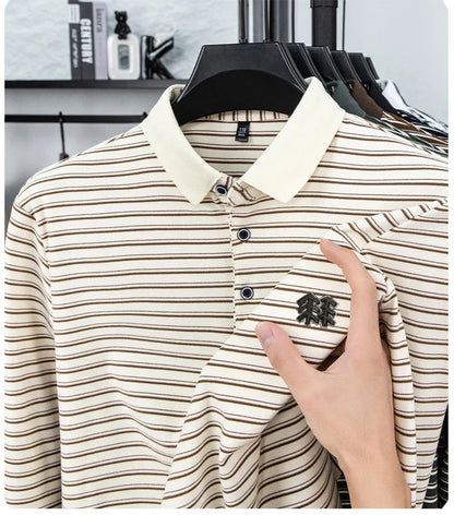 Men's Striped Long Sleeved T-shirt Polo Shirt Button Up Men's Stand Up Collar, Winter Double-sided German Velvet Base Shirt