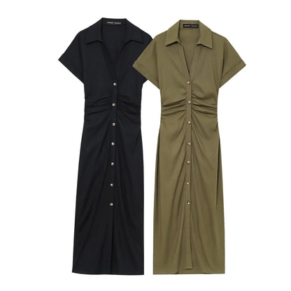 New  Women's elegant holiday style refreshing and comfortable short-sleeved V-neck MIDI dress