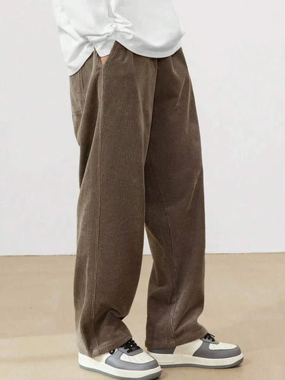 Men's Corduroy Straight Leg Casual Pants Drawstring Elastic Waist Outdoor Streetwear Winter Warm Autumn Sport Thermal Trousers