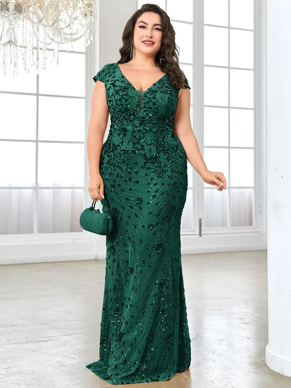 Plus Size Elegant Blue Evening Dress For Women 2024 Luxury Long Mermaid Formal Sequins V-neck Prom Wedding Party Gown