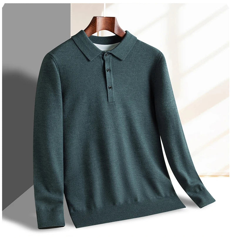Fashion luxury knitted long sleeve polo shirt men's autumn new trend simple solid color soft skin friendly comfort lapel sweater