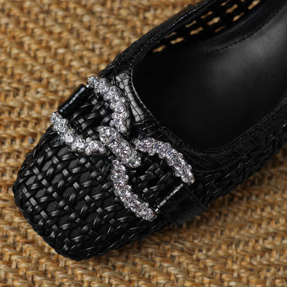 Women's genuine leather braided microfiber patchwork summer breathable pumps crystal buckle 4cm thick med heel daily dress shoes