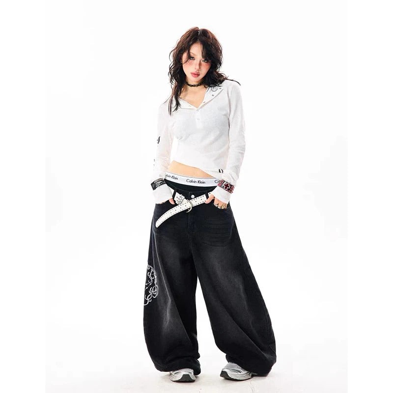 Women Vintage Embroidery Y2K Baggy Jeans Female High Waist 2000s Wide Leg Denim Pants American Retro Harajuku Trouser