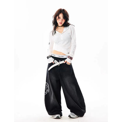 Women Vintage Embroidery Y2K Baggy Jeans Female High Waist 2000s Wide Leg Denim Pants American Retro Harajuku Trouser